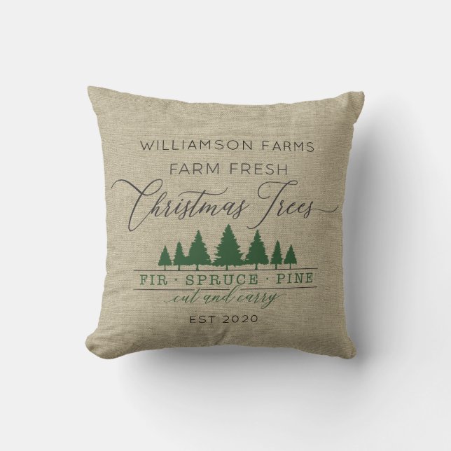 Coussin Ferme rustique Arbres de Noël frais Nom de famille (Recto)