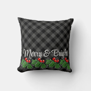 Coussin Festif gris noir plaid sainte feuille baies