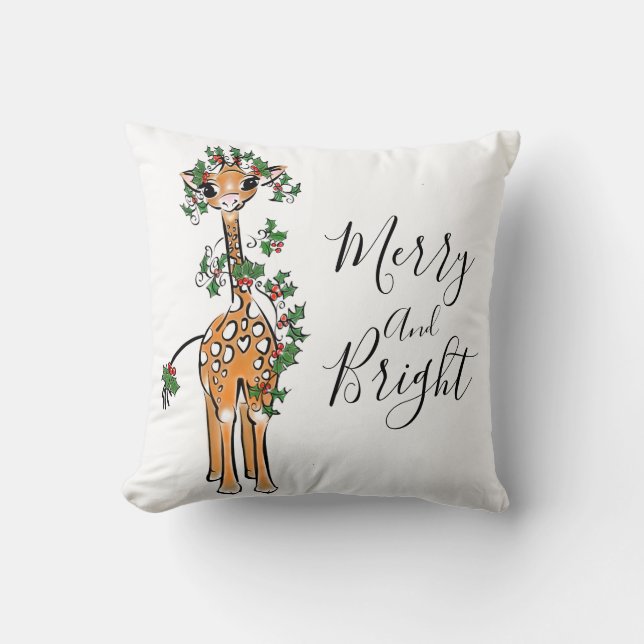 Coussin Festif, jolie girafe rouge vert de Noël (Recto)