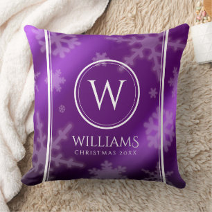 Coussin Festif Violet Foil Snowflakes Nom du monogramme