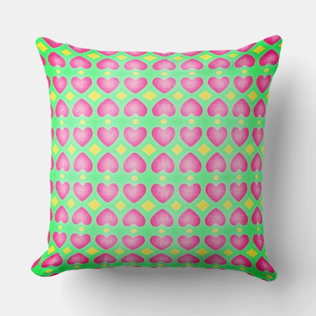 Coussin Festival des Coeurs Rose Chaud sur Vert Menthe (Recto)