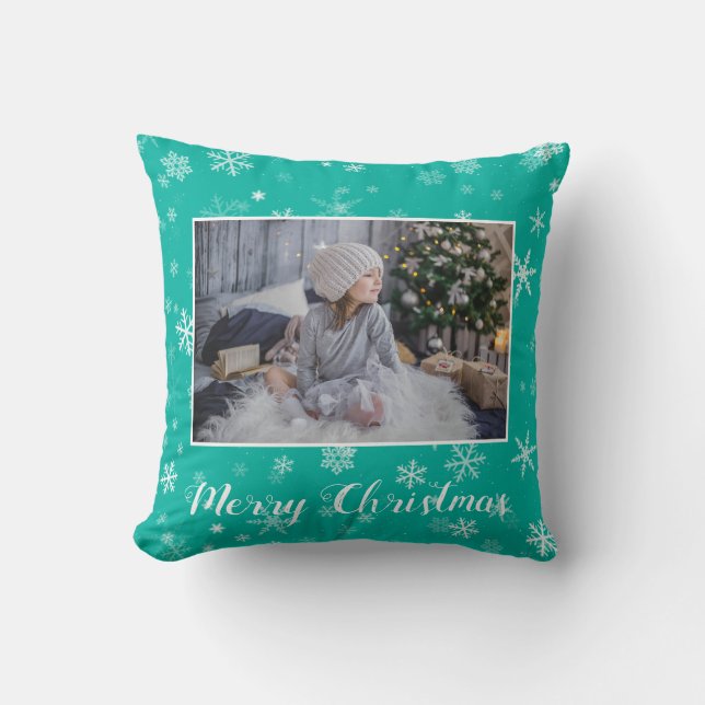 Coussin Festivals Green White Snowflake Noël 2 Photo (Recto)