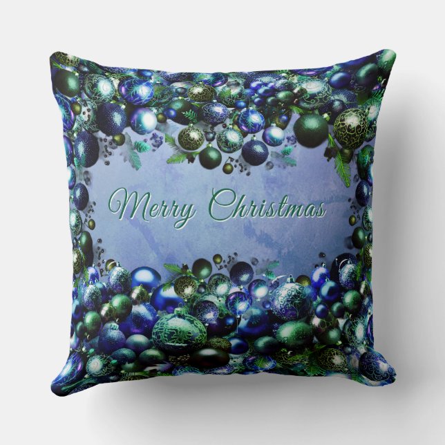 Coussin Festive Blue and Green Holiday Throw Pillow (Verso)