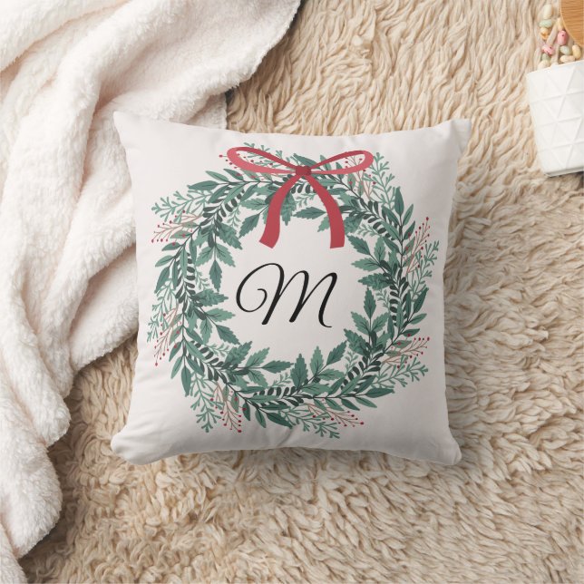 Coussin Festive Christmas Wreath Custom Initial (Couverture)