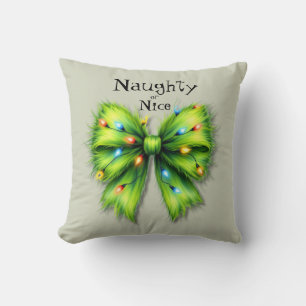 Coussin Festive Green Furry Bow-Lights Naughty ou Nice