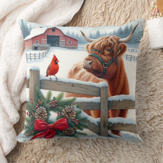 Coussin Festive Highland Cow et Noël cardinal (Couverture)