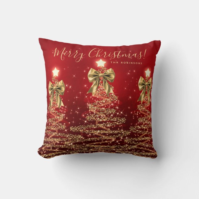 Coussin Festive Holiday Gold Red Christmas Trees w/ Name (Recto)