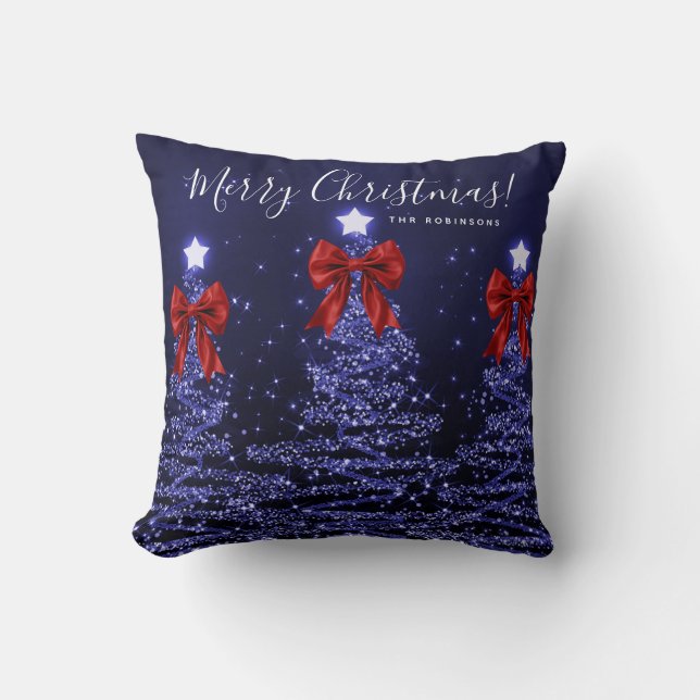 Coussin Festive Holiday Navy Christmas Trees Name Red  (Recto)