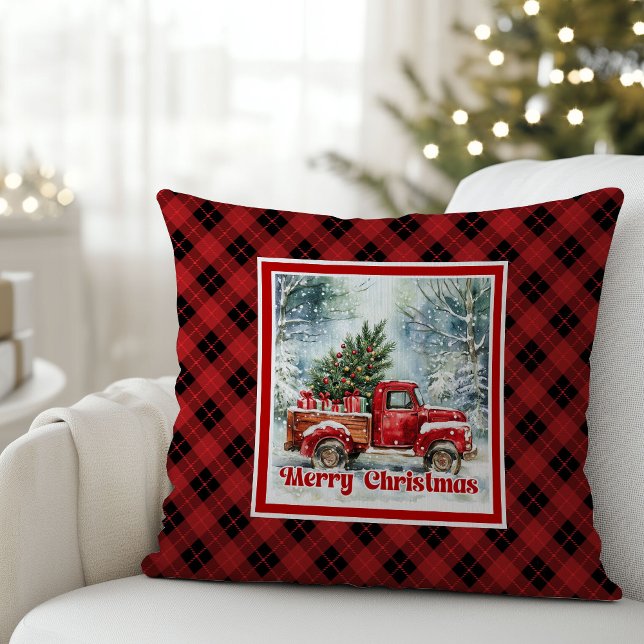 Coussin Festive red truck Christmas scene rustic bold  (Festive red truck Christmas scene rustic bold pillow tag

)