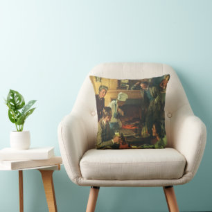 Coussin Fête de famille vintage, cuisson de steaks et bois