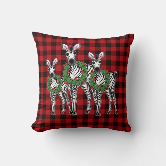 Coussin Fête de Noël, couronne de Noël, plaid rouge (Recto)