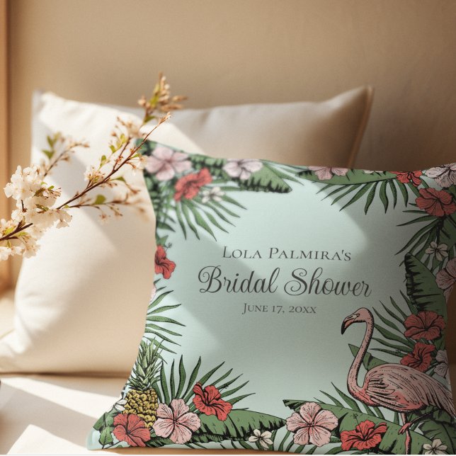 Coussin Fête des mariées de Flamant rose tropical bleu et  (Elegant Hawaiian Bridal Shower  Design. Hand-Drawn Tropical Hibiscus Flowers, Flamingo, Pineapple)