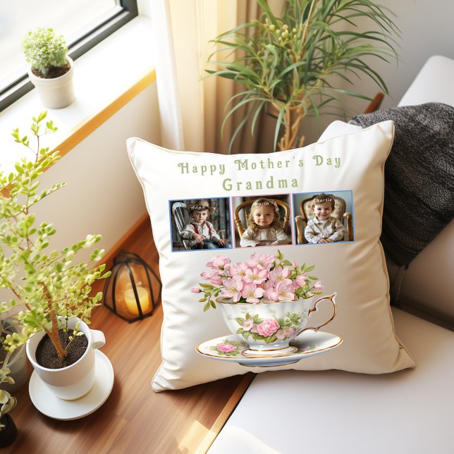 Coussin Fête des Mères Grand-mère Teacup Flowers (Créateur téléchargé)