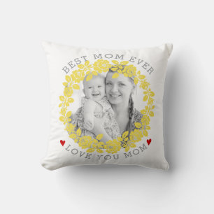 Coussin Fête des mères photo de couronne rose jaune et gri
