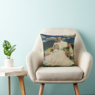 Coussin Fête des Mères vintage, maman avec enfants