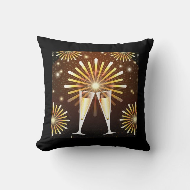 Coussin Fête du Champagne et du Feu d'artifice Black & Gol (Recto)