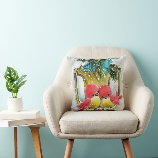 Coussin fêtes rétro vintage Noël oiseaux (Chaise)