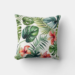 Coussin Feuillage Exotique Aquarelle Tropicale Et Fleurs