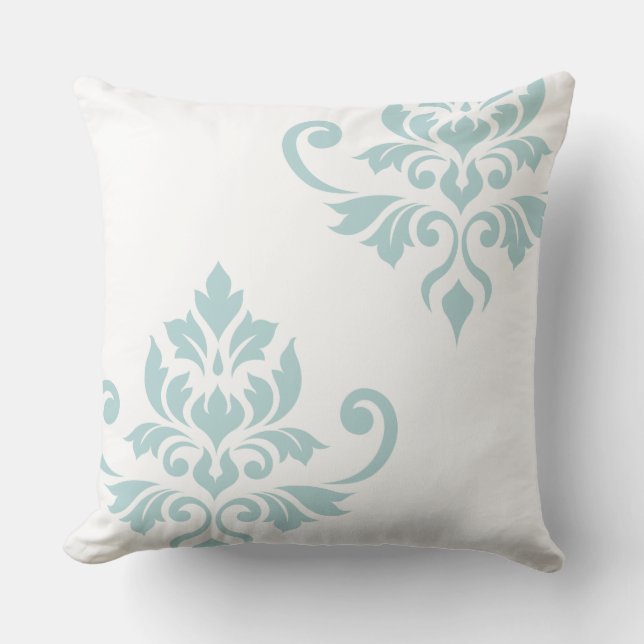 Coussin Feuille Damask Art I Duck Egg bleu sur blanc (Recto)