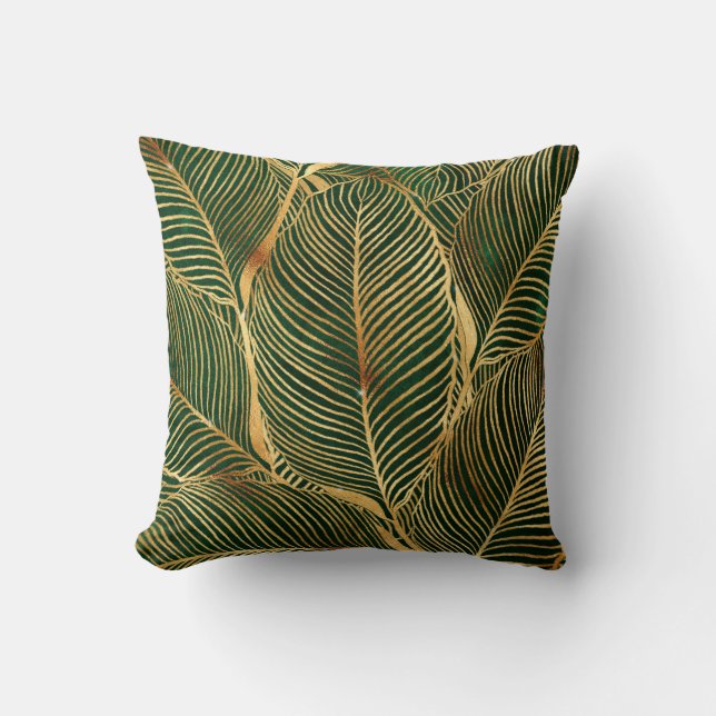 Coussin Feuille d'or Forêt verte Élégant Motif (Recto)