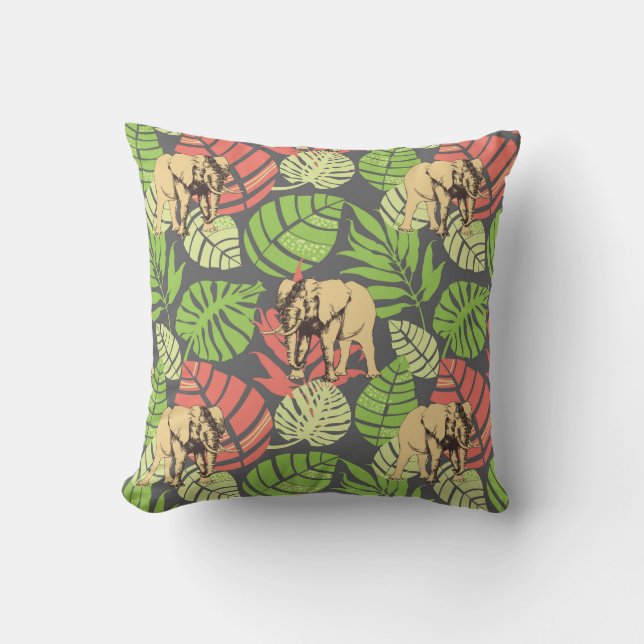 Coussin Feuille et éléphants exotiques de jungle (Recto)