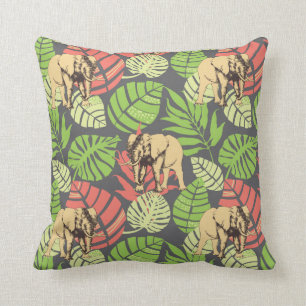 Coussin Feuille et éléphants exotiques de jungle