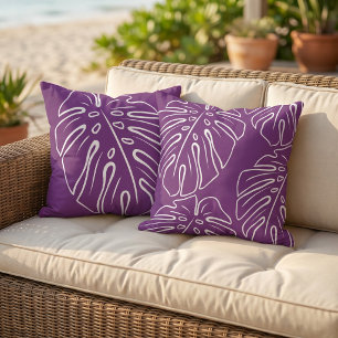 Coussin Feuille Tropicale Blanche Motif Magenta Foncé Rose