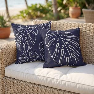 Coussin Feuille tropicale blanche sur fond bleu marine fon