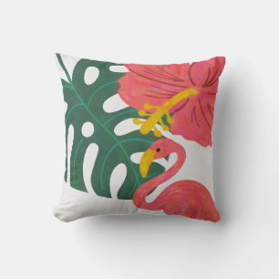 Coussin Feuille tropicale, fleurs et Flamant rose d'Hibisc