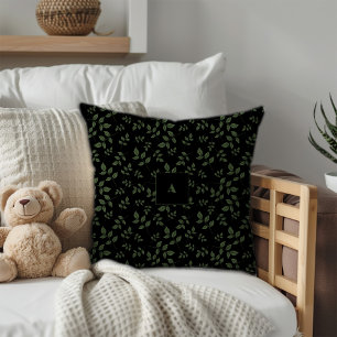 Coussin Feuilles à motif noir vert monogramme