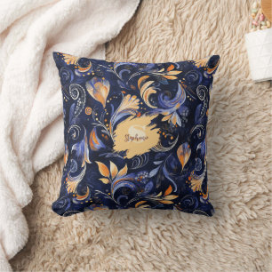 Coussin Feuilles Abstraits Paisley bleu et or
