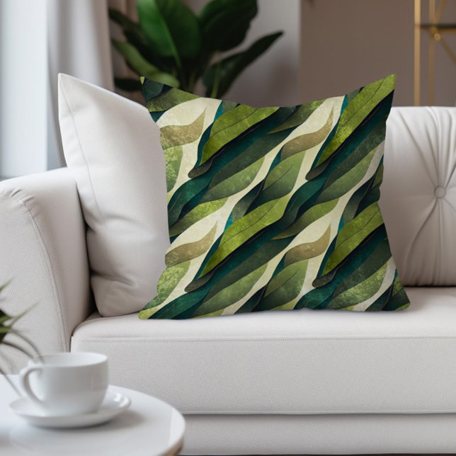Coussin Feuilles brunes vertes Tons de terre abstraits (Abstract green leaves decorator pillow)