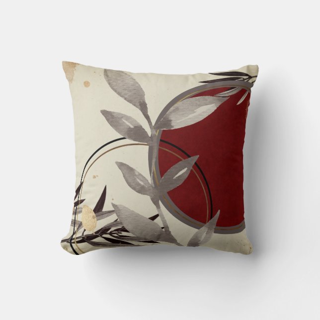 Coussin Feuilles d'aquarelle élégants | Crème et Bourgogne (Recto)