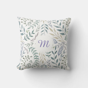 Coussin Feuilles d'aquarelle rustique et monogramme de feu