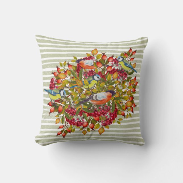 Coussin Feuilles d'automne Baies et Oiseaux Rayures usées (Recto)