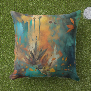 Coussin Feuilles d'automne peinture Turquoise Rouille Or A