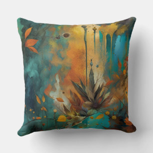 Coussin Feuilles d'automne peinture Turquoise Rouille Or A