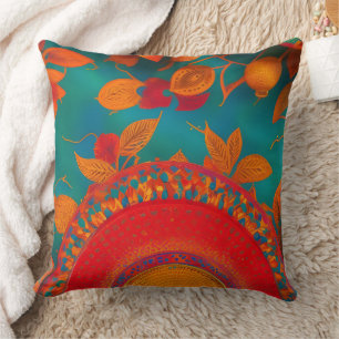 Coussin feuilles d'automne rouge orange sarcelle bleu or m