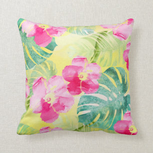 Coussin Feuilles de bananier tropicales et fleurs d'hibisc
