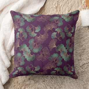 Coussin Feuilles de ginkgo dorées sur motif botanique viol