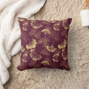 Coussin Feuilles de Ginko élégantes bordeaux or