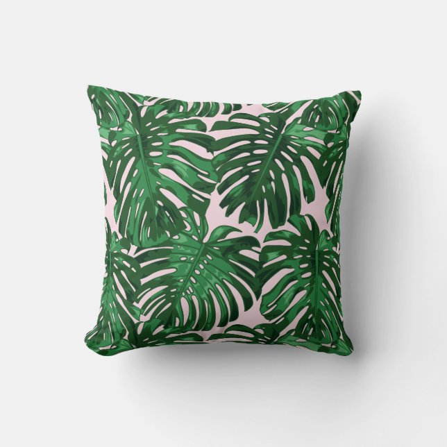 Coussin Feuilles de la jungle rose foncée tropicale (Recto)