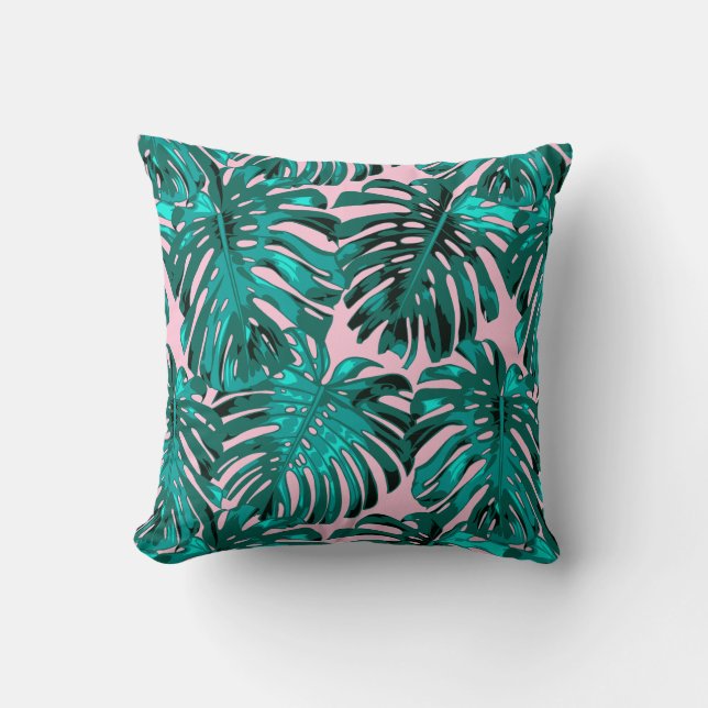 Coussin Feuilles de la jungle tropicale Turquoise rose (Recto)