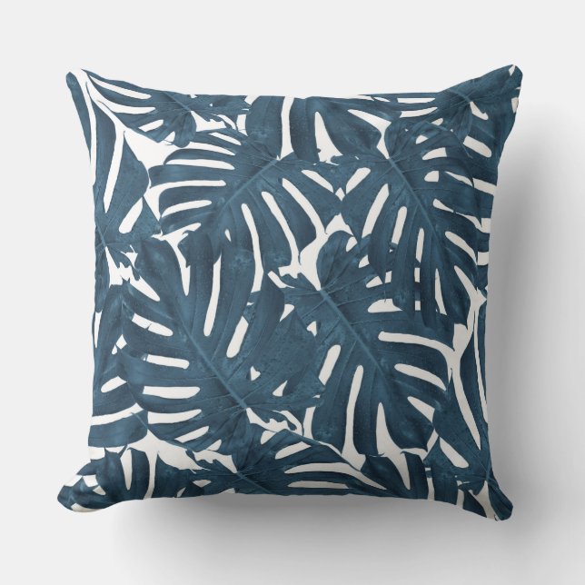 Coussin Feuilles de la marine de palme bleu lancer l'oreil (Recto)
