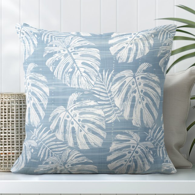 Coussin Feuilles de palme bleu clair et blanc Monstera (Créateur téléchargé)