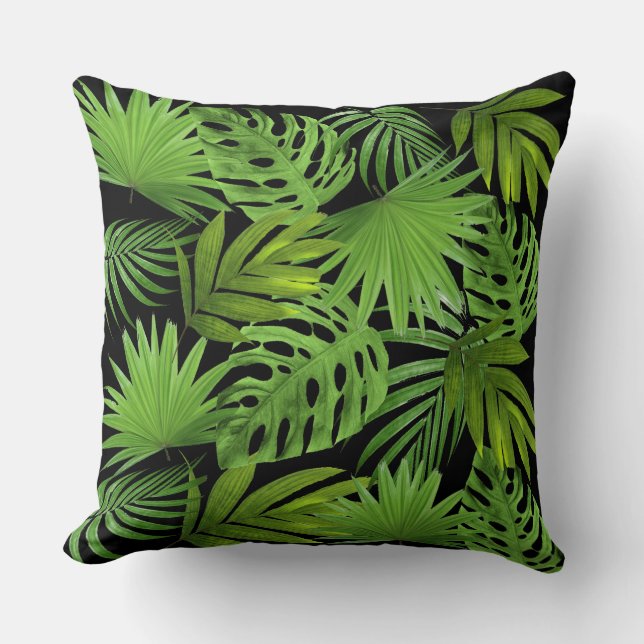 Coussin Feuilles de palme vert sur noir (Recto)
