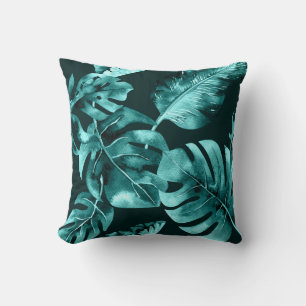 Coussin Feuilles de palmier tropicales noir et sarcelle ét