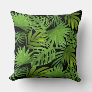 Coussin Feuilles de palmier vertes sur fond noir