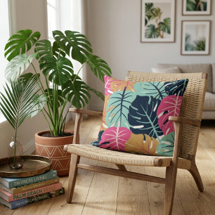 Coussin Feuilles de palmiers tropicales en rose et bleu
