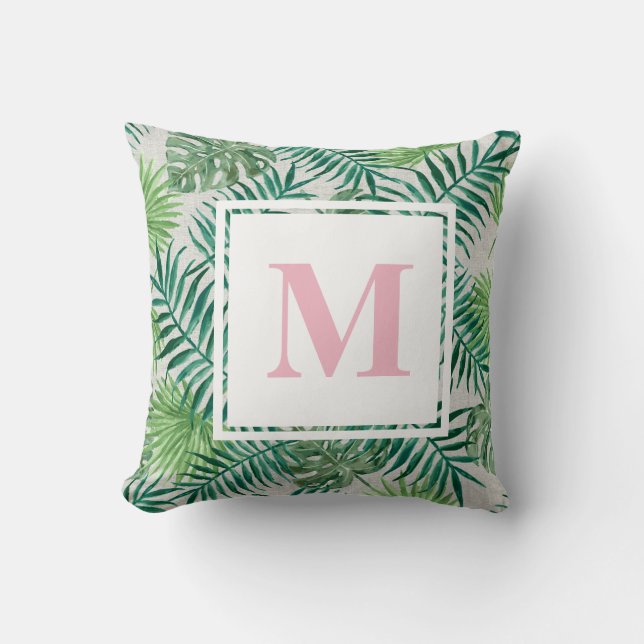 Coussin Feuilles de palmiers tropicaux | Monogramme rose (Recto)